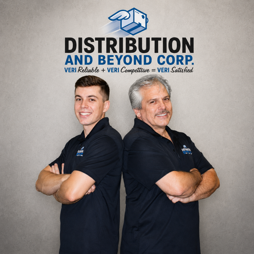 David Veri, President of Distribution and Beyond Corp., with his son in front of the company logo