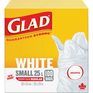 Garbage Bag White 20" W x 20" L, GLAD, Small 25L Unscented, Regular Strength (100/case) - #JP288
