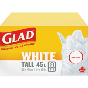Garbage Bag White 24" W x 28" L, GLAD, Tall 45L Unscented, Regular Open Top (60/case) - #JP290