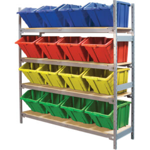 Wide Span Shelving with Jumbo Plastic Bins, Steel, Boltless, 800 lbs.Capacity,  66" W x 72" H x 18" D - RL989