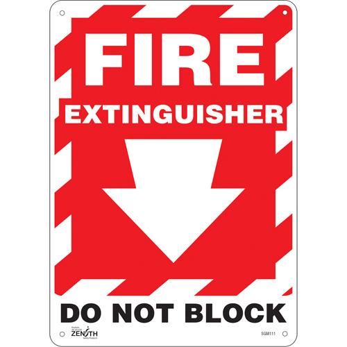 "Fire Extinguisher Do Not Block" with Down Arrow Sign, 14" x 10", Aluminum, English with Pictogram - SGM111