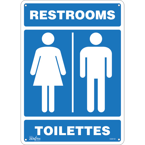 "Restrooms - Toilettes" Sign, 14" x 10", Aluminum, Bilingual with Pictogram - SGM192