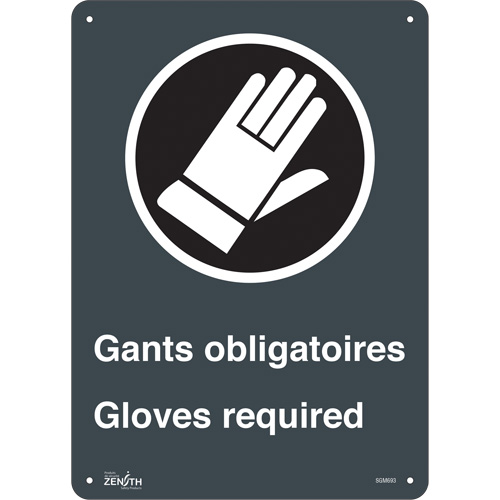 "Gant Obligatoires - Gloves Required" Sign, 14" x 11", Aluminum, Bilingual with Pictogram - SGM693