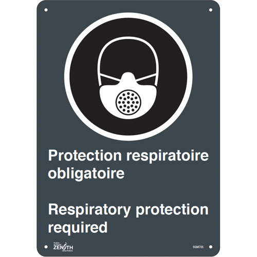 "Protection Respiratoire Respiratory Protection" Sign, 14" x 10", Aluminum, Bilingual with Pictogram - SGM705