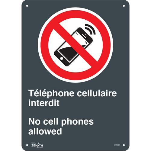 "Téléphone cellulaire interdit /No Cell Phones" Sign, 14" x 10", Aluminum, Bilingual with Pictogram - SGP397